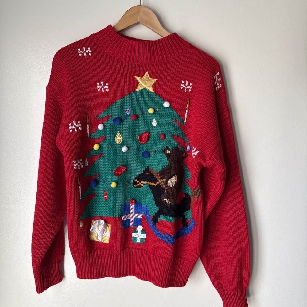 Vintage Karen Scott Christmas Sweater Red Size L Tree Graphic Holiday READ